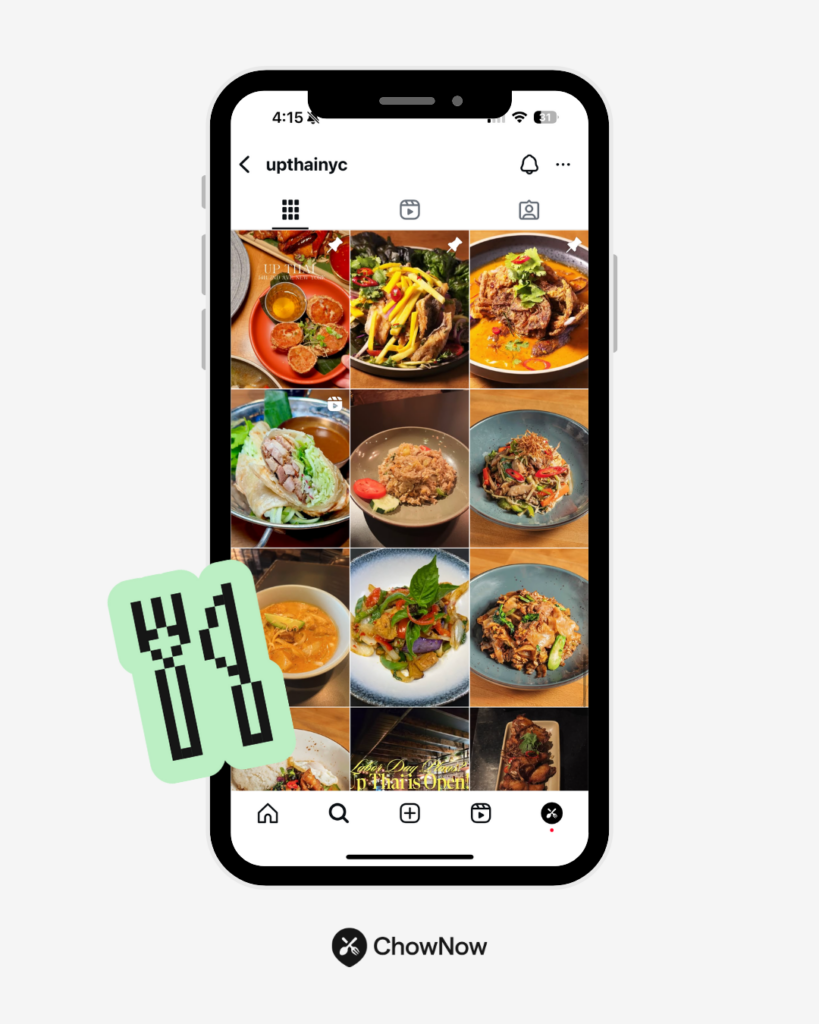 Screenshot of Upthai NYC Instagram feed showing high-quality close-up food photos of Thai dishes with a green fork and knife icon.