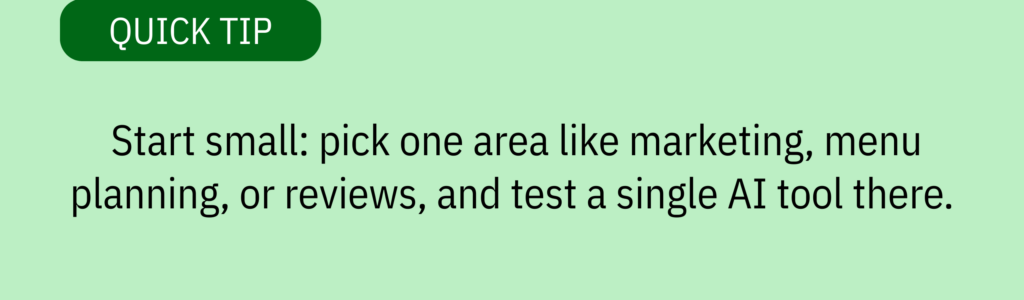 Quick tip card with green label and text saying: “Start small: pick one area like marketing, menu planning, or reviews, and test a single AI tool there.”