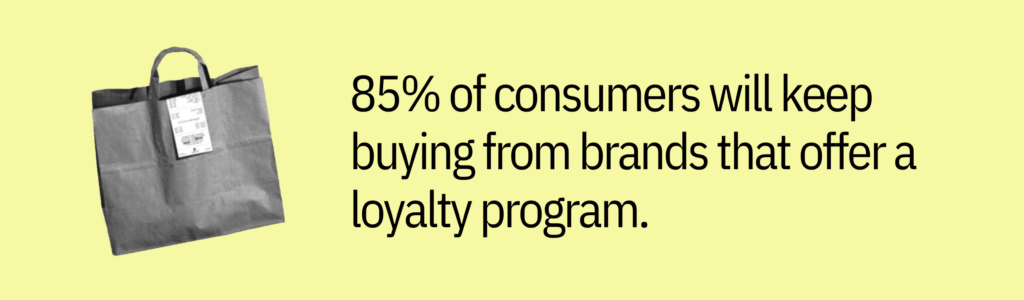 Highlight card with delivery bag graphic and text saying: “85% of consumers will keep buying from brands that offer a loyalty program.”