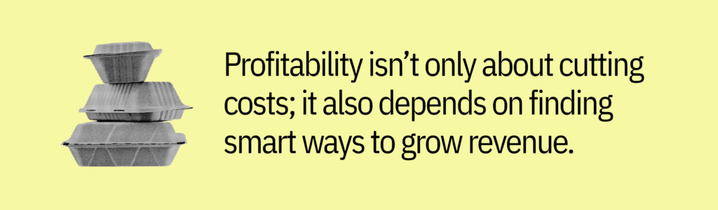 Highlight card with stacked takeout boxes graphic and text saying: "Profitability isn&rsquo;t only about cutting costs; it also depends on finding smart ways to grow revenue."