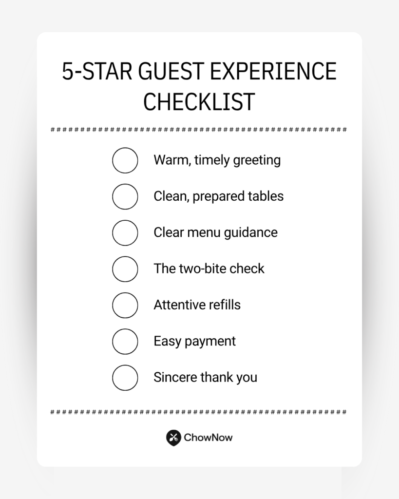 Infographic checklist titled &ldquo;5-Star Guest Experience&rdquo; with items: warm greeting, clean tables, menu guidance, two-bite check, attentive refills, easy payment, sincere thank you