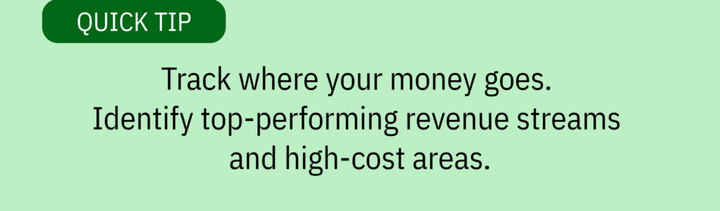 Quick tip card with a dark green header and text saying: “Track where your money goes. Identify top-performing revenue streams and high-cost areas.”