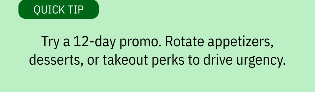 Quick tip card with a dark green header and text saying: “Try a 12-day promo. Rotate appetizers, desserts, or takeout perks to drive urgency.”