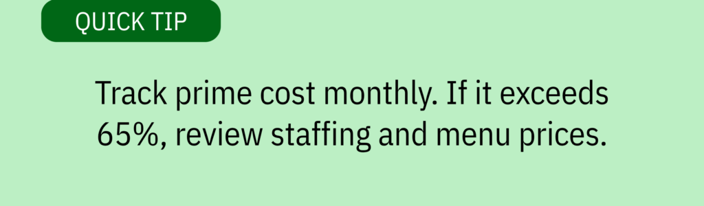 Quick tip card with green banner and text saying: “Track prime cost monthly. If it exceeds 65%, review staffing and menu prices.”