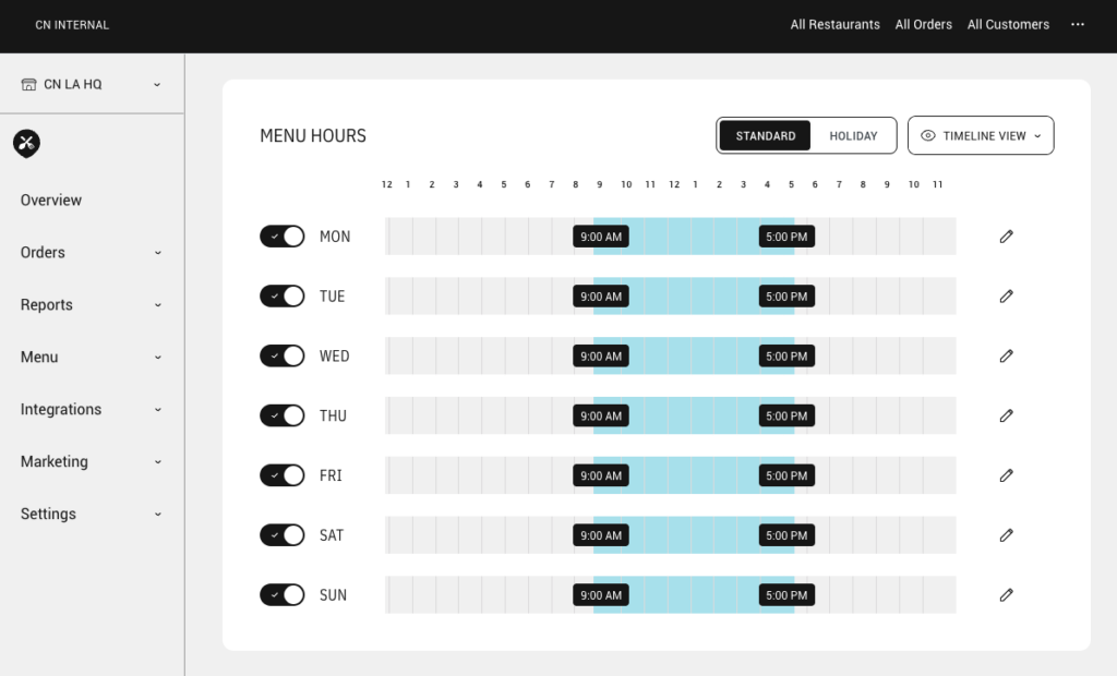 ChowNow dashboard screenshot showing menu hours scheduling by day with standard and holiday view options.