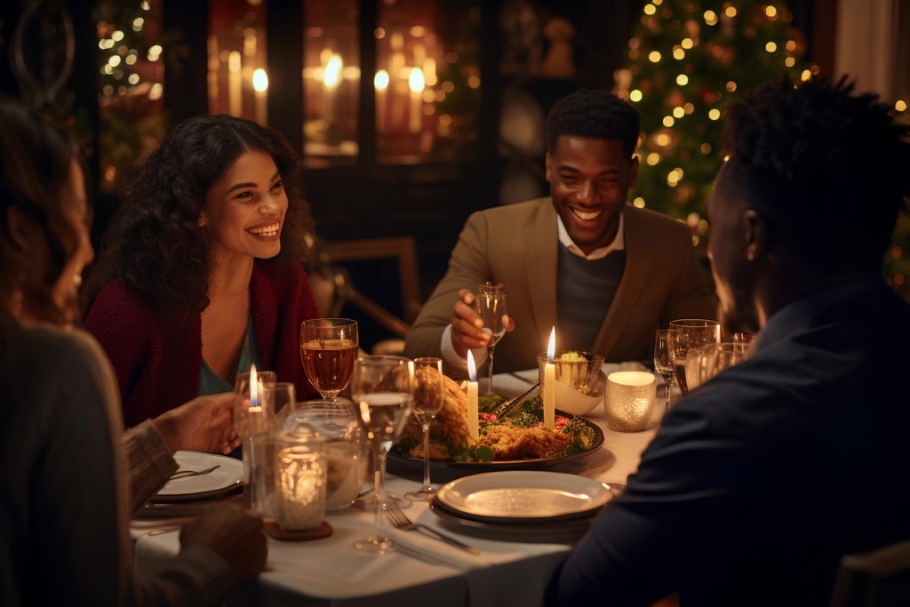 A photo of friends gathered around a festive dinner table with candles, food, and drinks, smiling and celebrating in a restaurant setting.