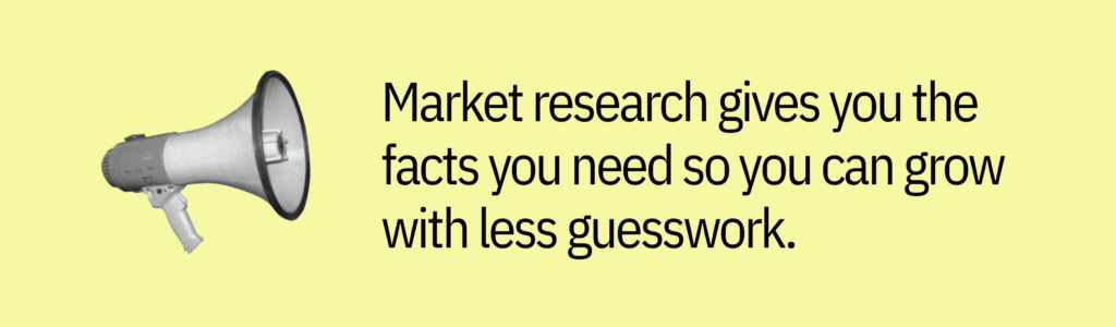 Highlight card with a megaphone graphic and text saying: “Market research gives you the facts you need so you can grow with less guesswork.”