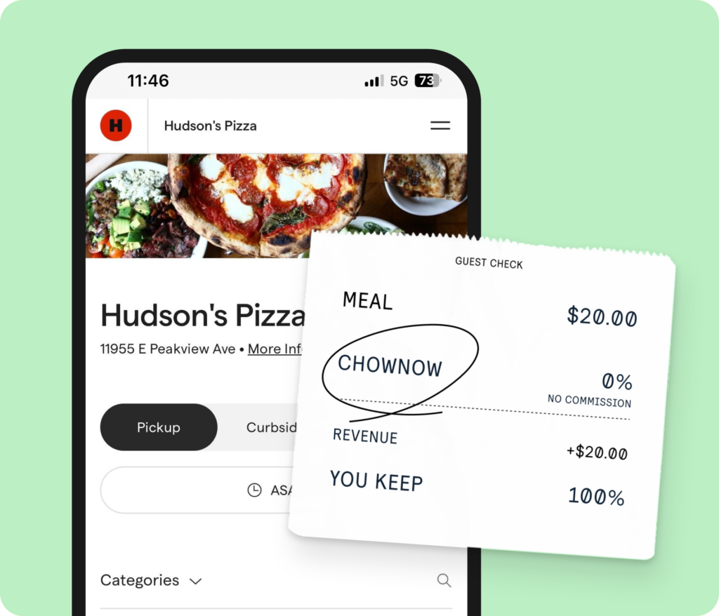 a photo of a restaurant ordering screen showing Hudson’s Pizza with a guest check highlighting 100 percent revenue kept through direct online ordering, useful for diners searching online for dinner or specific restaurants