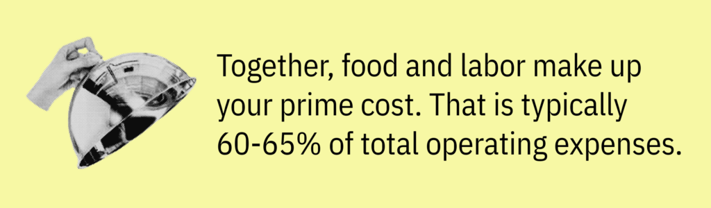 Highlight card with a hand lifting a cloche illustration and text saying: &ldquo;Together, food and labor make up your prime cost. That is typically 60 to 65 percent of total operating expenses.&rdquo;