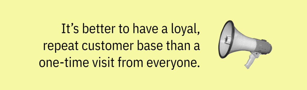 Highlight card with megaphone graphic and text saying: &ldquo;It&rsquo;s better to have a loyal, repeat customer base than a one-time visit from everyone.&rdquo;