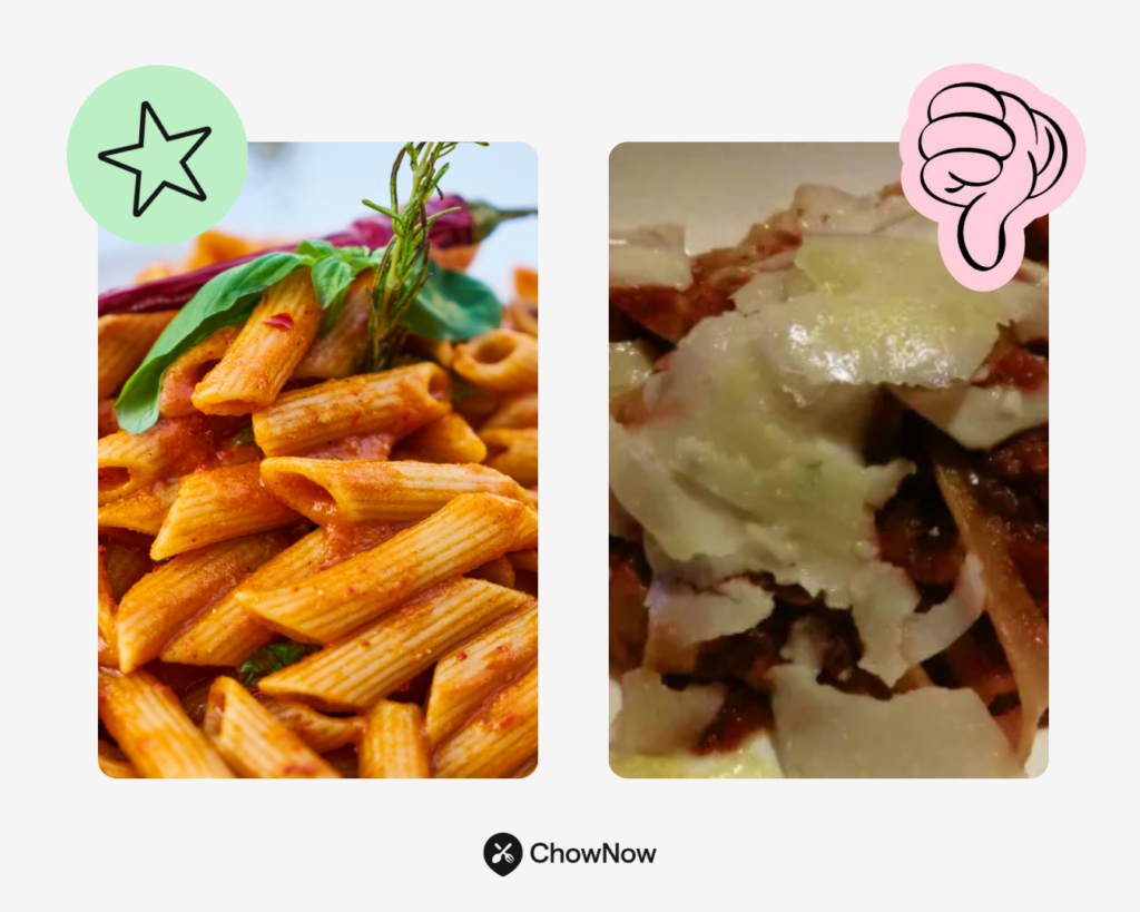 Infographic comparing a high quality pasta photo with a low quality pasta photo to show how visuals influence diner perception.