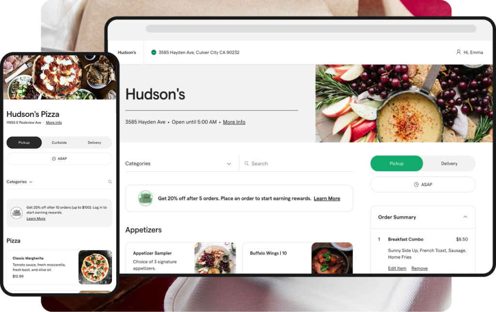 Mobile and desktop views of a ChowNow branded ordering page for Hudson's Pizza, showing pickup, curbside, and delivery options, a rewards banner, and an active order summary.