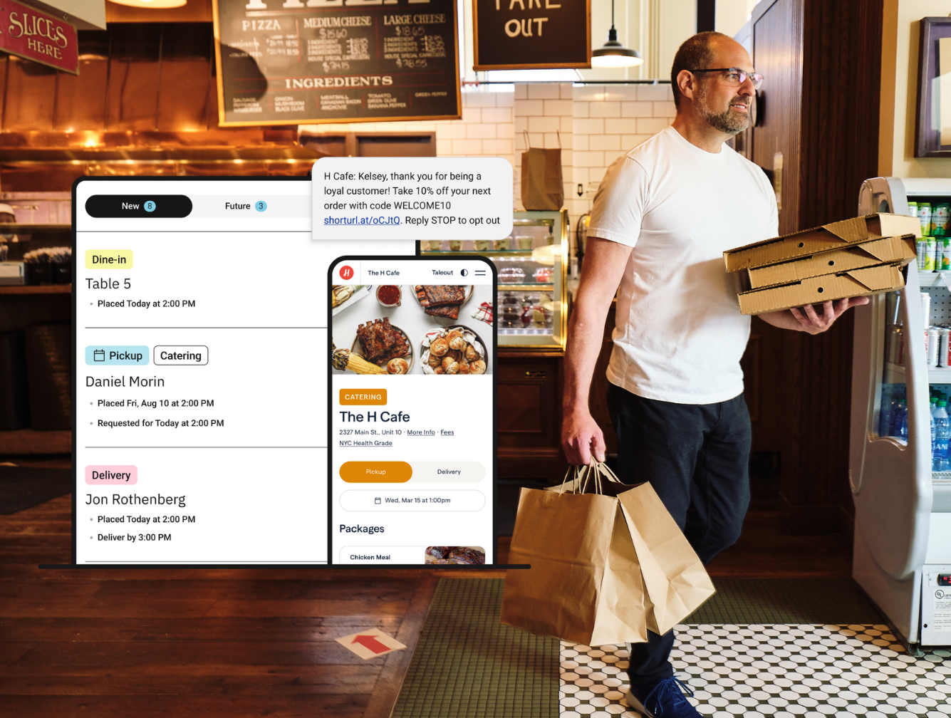 Restaurant owner carrying takeout bags and pizza boxes with ChowNow ordering and operations screens, illustrating direct ordering and multi-channel order management