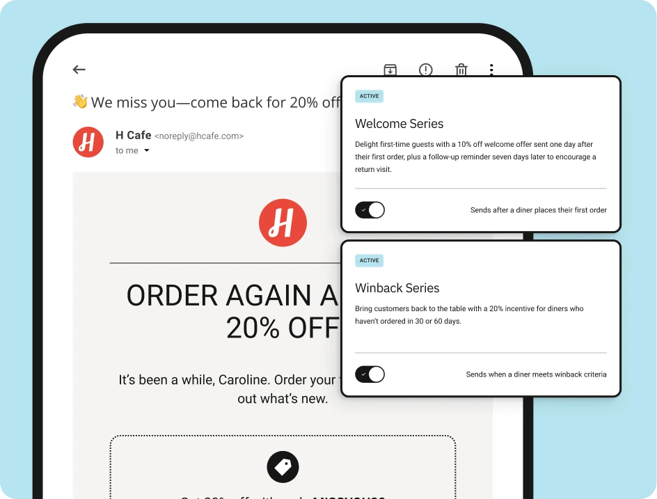Restaurant email marketing dashboard showing automated welcome and win-back campaigns inside ChowNow