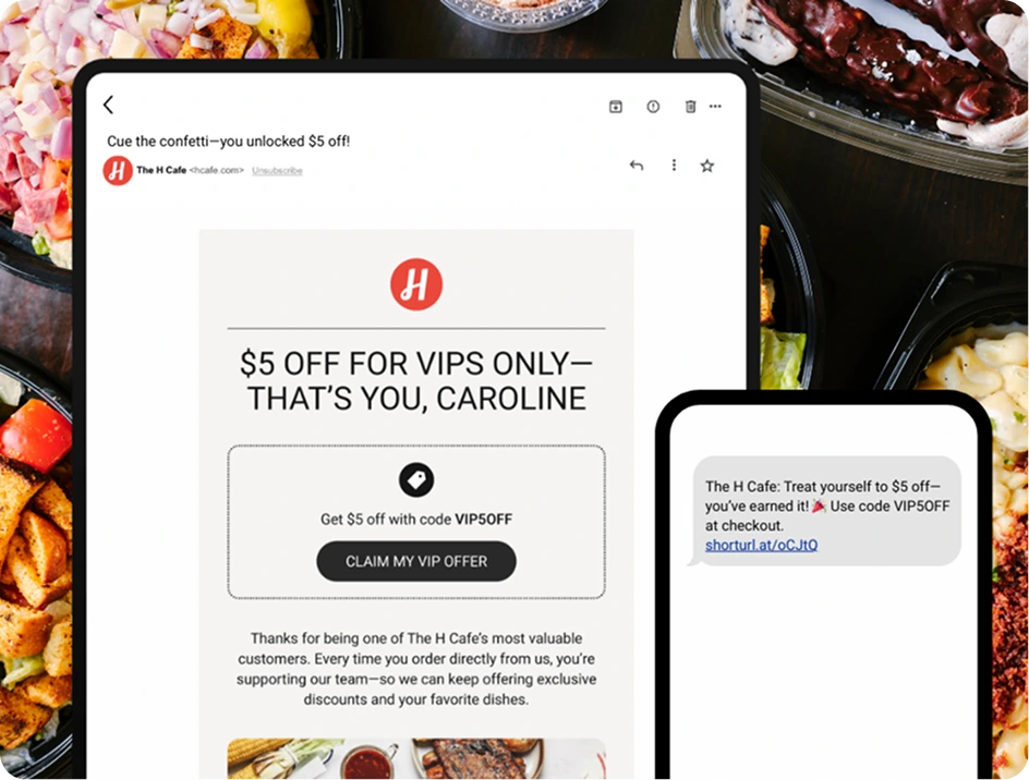 Restaurant marketing example showing a VIP discount offer delivered through both email and SMS