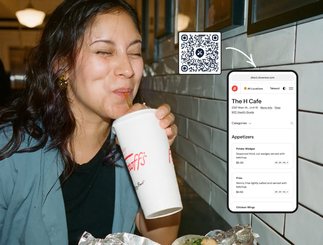 Restaurant guest drinking from a cup beside a QR code and mobile menu, showing how diners can scan to order from their phone