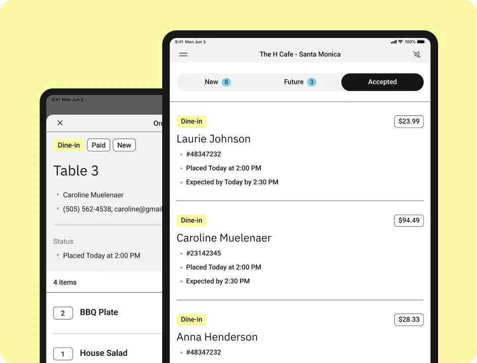 Restaurant order dashboard showing accepted dine-in orders and table details for QR code ordering management