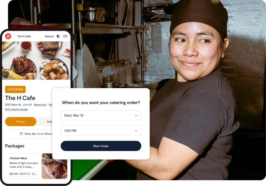 Restaurant staff member beside a catering order interface on a phone screen, showing online catering ordering and pickup scheduling