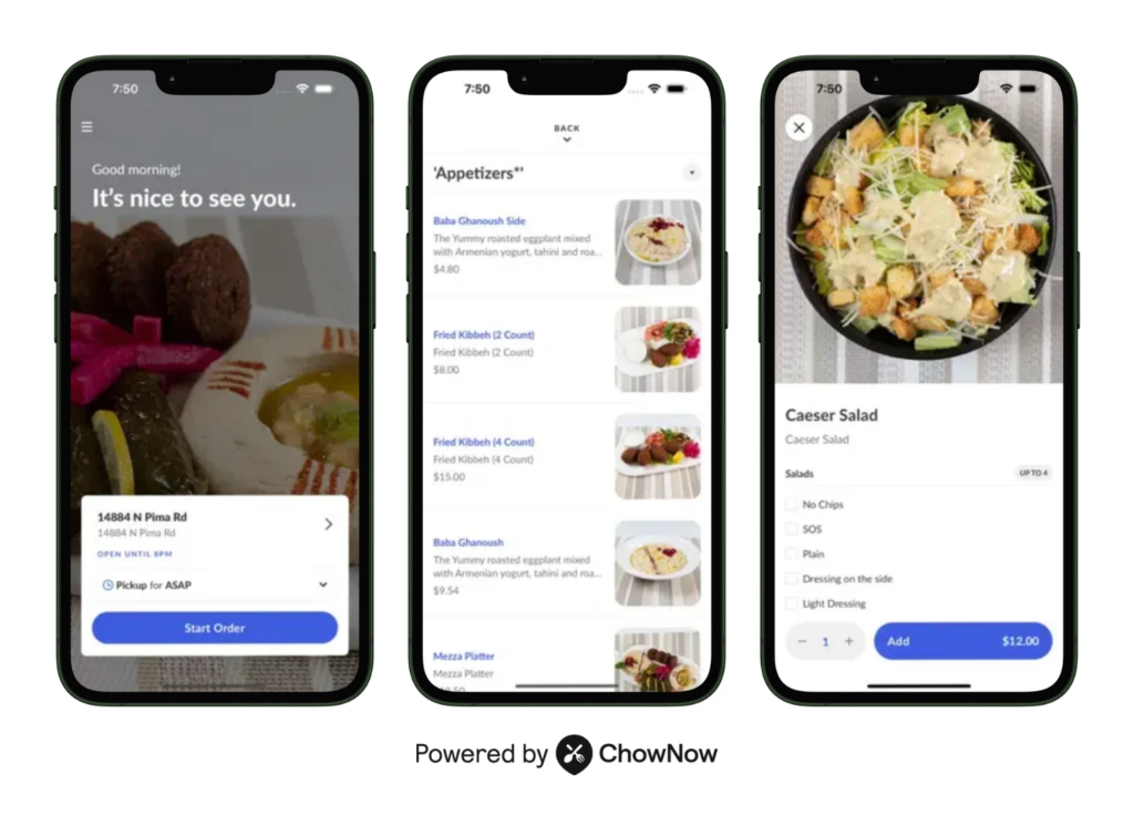 De Babel branded mobile app powered by ChowNow showing the home screen, menu browsing, and item customization for direct online ordering