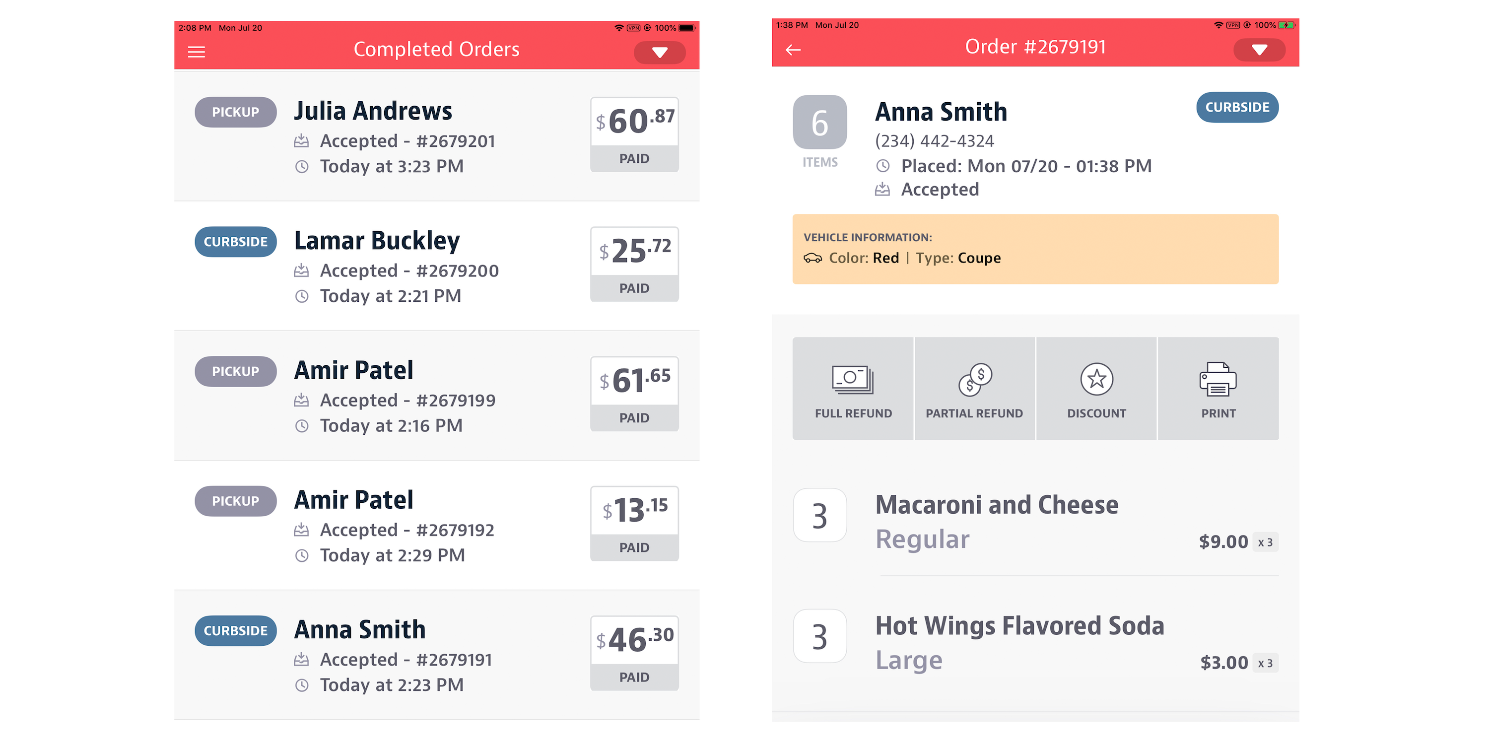 ChowNow Curbside Pickup Tablet Screenshots