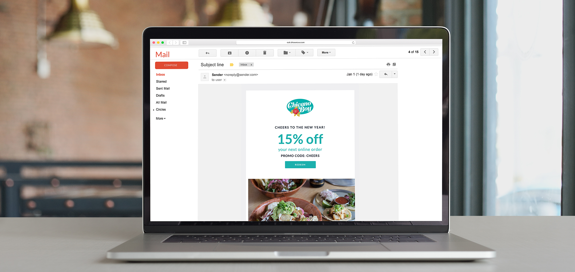 Example of a promotional email from a restaurant offering a small discount on online orders.