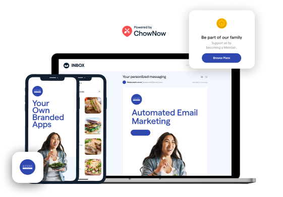 Multiple screens showing ChowNow Top Shelf product