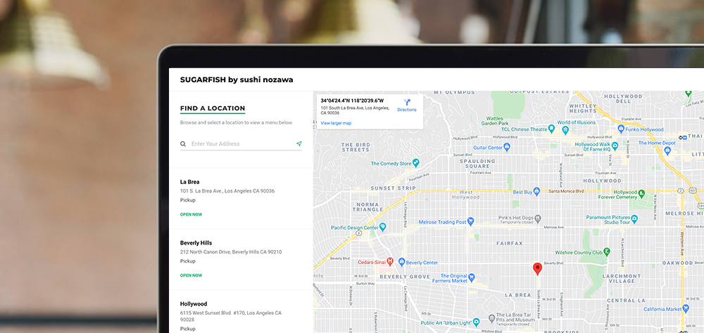 All of a multi-unit restaurant's locations are shown in a list next to a map, making it easy for customers to choose the right location to order from.