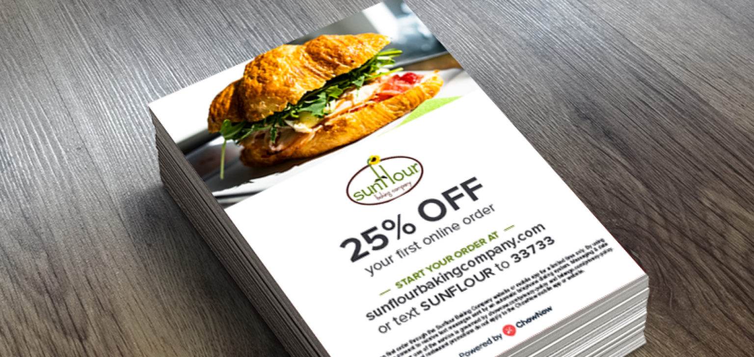 Sunflour promotes their ChowNow powered delivery as a cheaper alternative for high-fee delivery apps