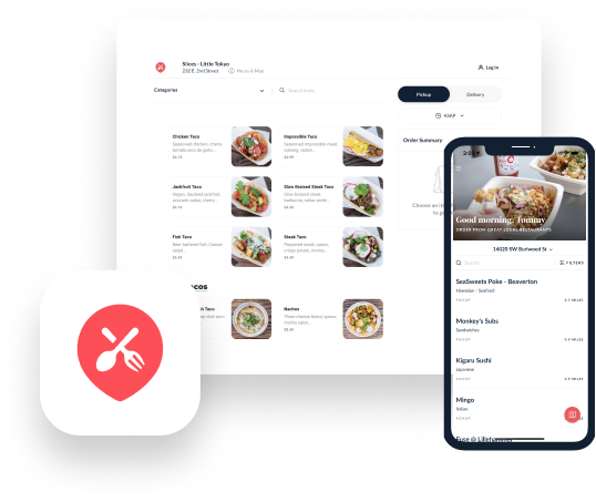 Food ordering process showcased in multiple device screens.