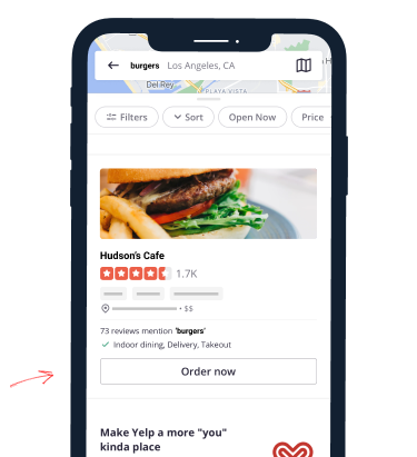 Yelp order now option on mobile device