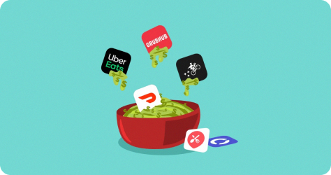 Icons for grubhub, doordash, uber eats, postmates being dipped in a bowl of guacamole